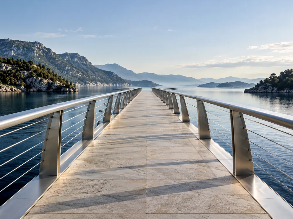 A structured stone walkway extending over calm water toward an open horizon