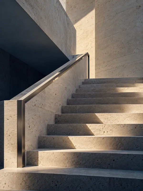 Limestone stairs and a brushed steel handrail in afternoon light
